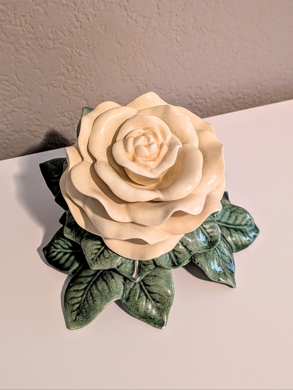 Vintage Pale Yelloe Ceramic Rose Figurine with Green Leaves